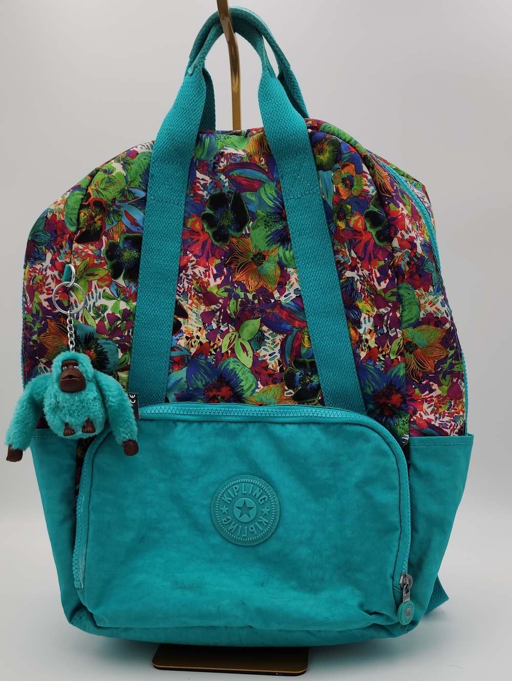 Kipling Turquoise Floral Canvas Backpack with Gorilla Keychain
